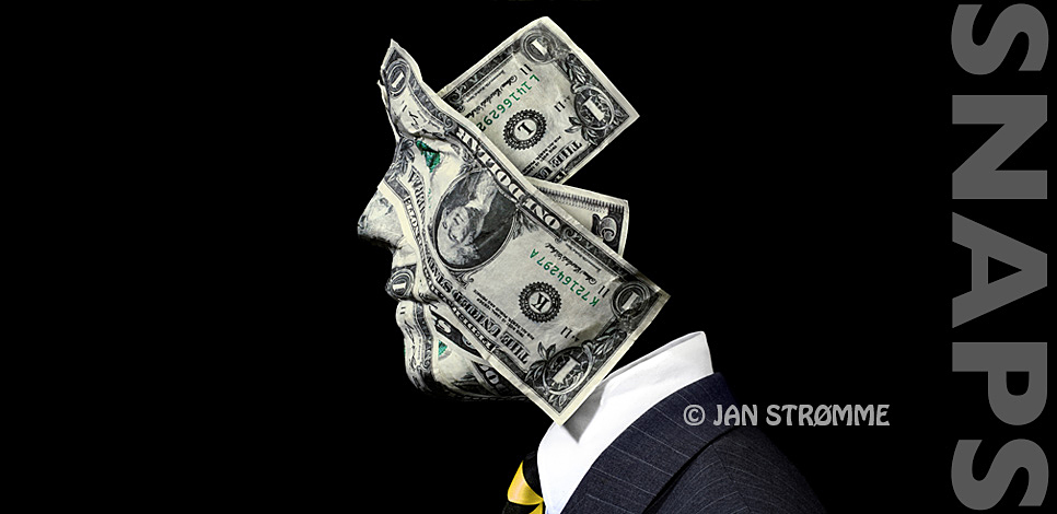 Surreal studio portrait of a businessman with a face that is made of paper money